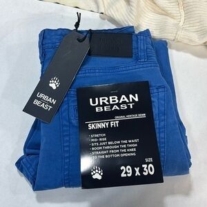 Urban Beast skinny fit stretch mid rise distressed many pocket blue pants